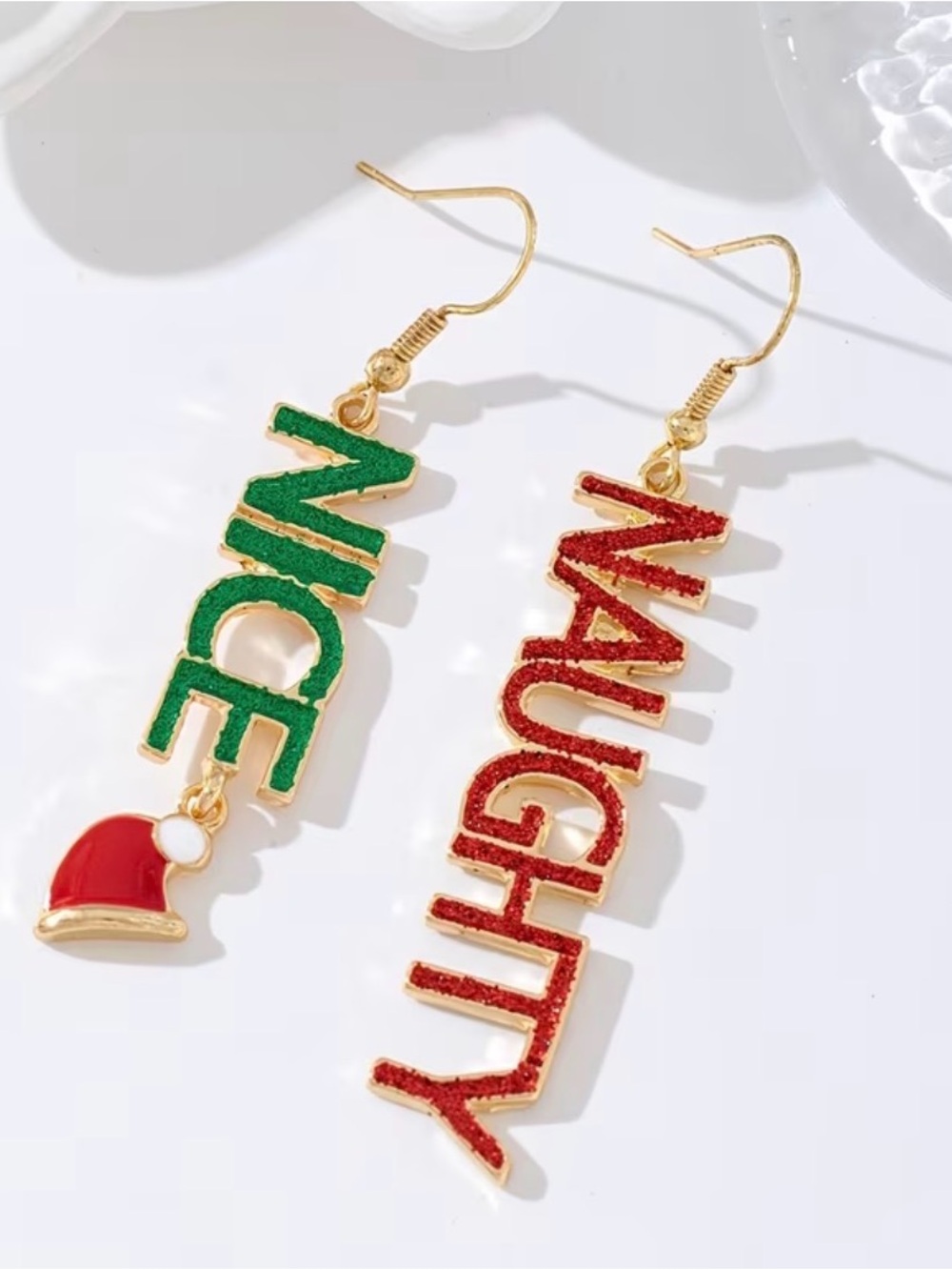 Festive 'NICE' and 'NAUGHTY' Holiday Drop Earrings - Gold Tone